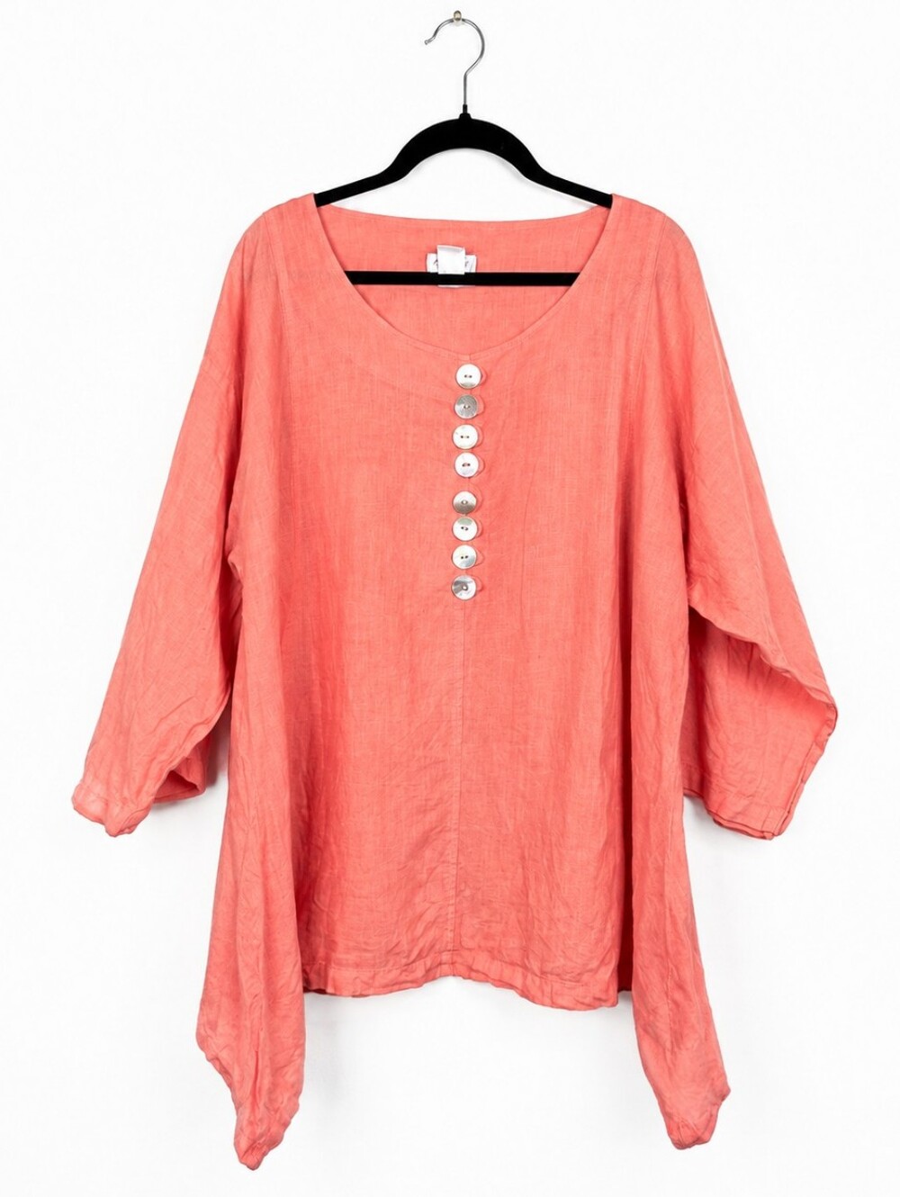 Vintage Mosaic USA L Coral Linen Lagenlook Art to Wear Asymmetrical Tunic Top